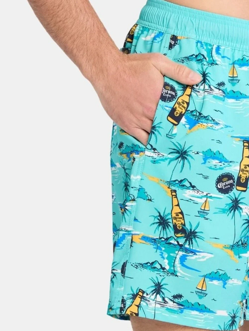 Corona Cay Board Shorts Teal Island-Print Swim Trunks Size L NEW